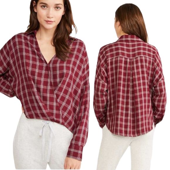 Lou & Grey for LOFT Plaid Long Sleeve Faux Wrap Top Dark Red Size S - Picture 2 of 9